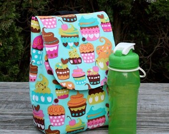 Insulated Lunch Bag Lunch Tote Cupcakes on Teal Ready to Ship