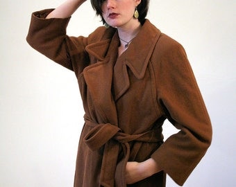 Ilaria, 70s Belted CASHMERE Coat, Brown Cashmere Wool Coat, Cashmere Overcoat, Swing Coat, Woman's Winter Coat, Chocolate Brown Coat L