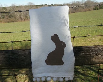 Chocolate Bunny EASTER Tea Towel White Linen Kitchen Towel Neutral Holiday Decor French County Towel Neutral EASTER Decor Pom Pom Towel