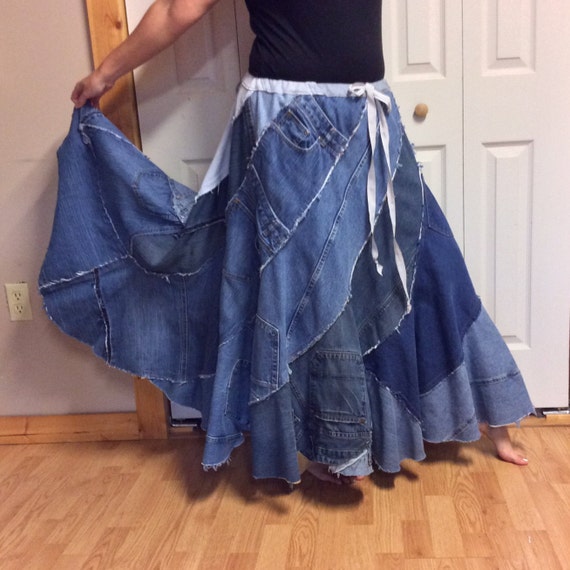 RESERVED Patchwork Denim Long Maxi Plus Size Skirt/Recycled