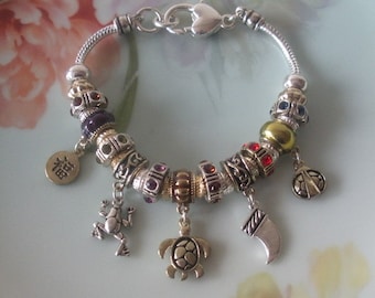 European Style-Pandora Style-CHARM Bracelet Silverplated Full of Charms Two Stopper Beads Frog-Turtle-Italian Horn-Ladybug