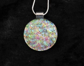 Pink Green Dichroic Glass Pendant - Dichroic Fused Glass Necklace - Round Dichroic Fused Glass Jewelry - Fused Glass Necklace - Pink Green