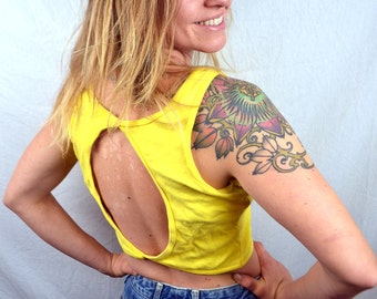 Vintage 80s Open Back Summer Cropped Yellow Top