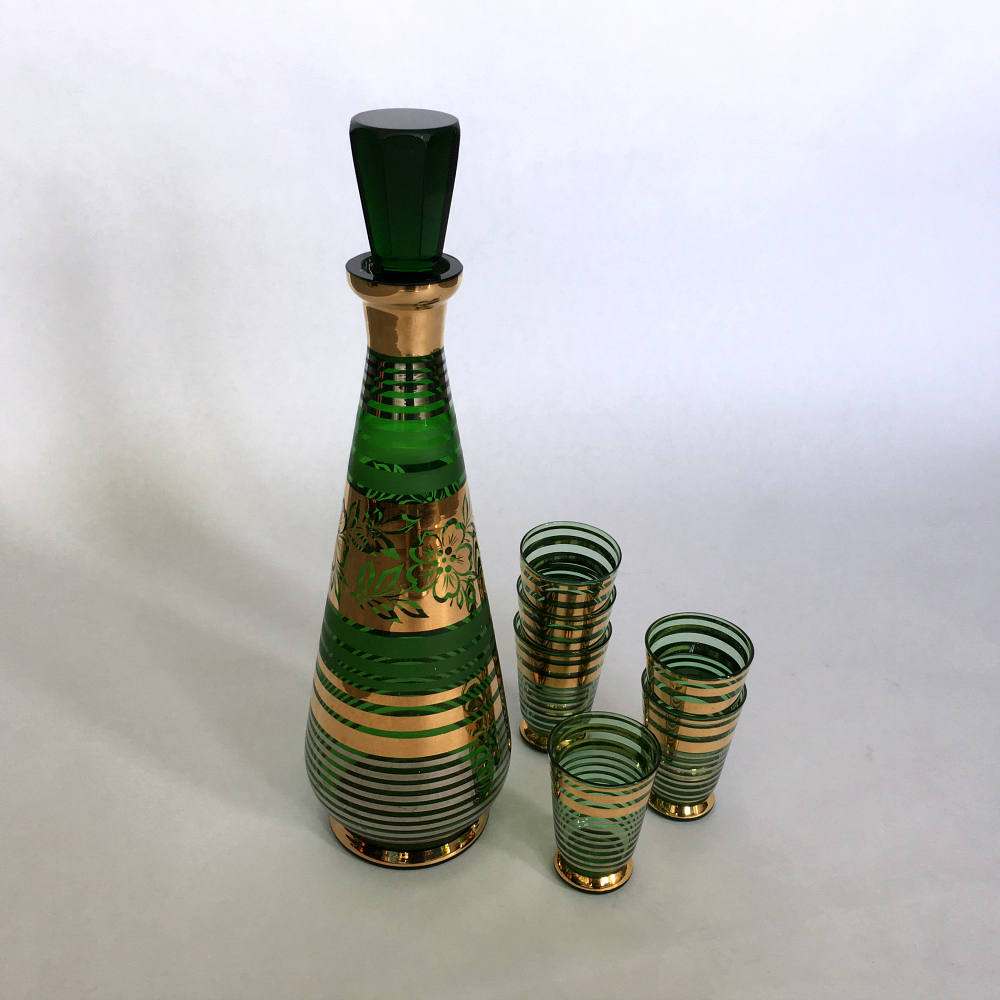 green and gold decanter and shot glass set 1211359