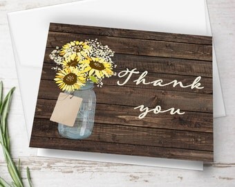 Mason Jar Thank You Card, Wedding Thank You Card, Printable Thank You Card, Sunflower Thank You Card