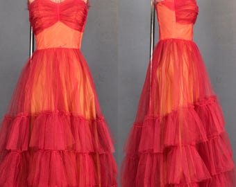 50's red tulle prom dress small DR21355