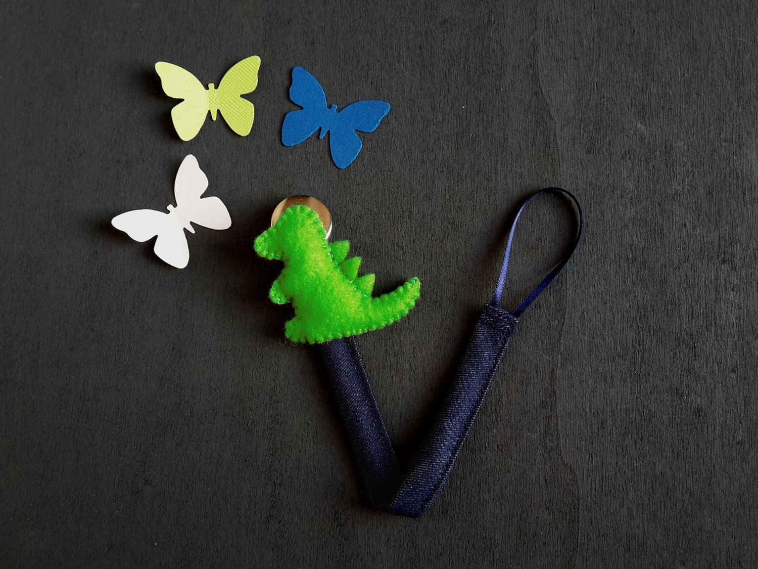 Dinosaur pacifier clip with denim ribbon and stuffed by RobyGiup