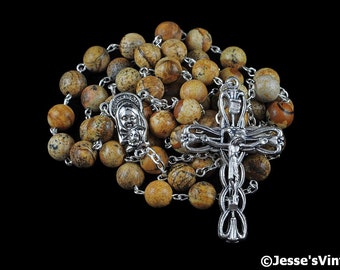 Catholic Rosary Beads Brown Beige Tan Picture Jasper Natural Stone Traditional Silver Five Decade Catholic Gift
