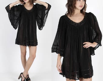Mexican Dress Boho Dress Hippie Dress Gauze Dress Black Dress Vintage 80s Dress Floral Crochet Lace Black Gauze Angel Sleeve Mini Dress