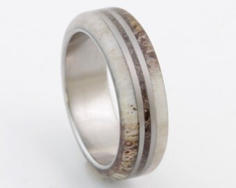 antler ring titanium ring with Dinosaur Bone deer antler band mens wedding band dino ring man wood ring