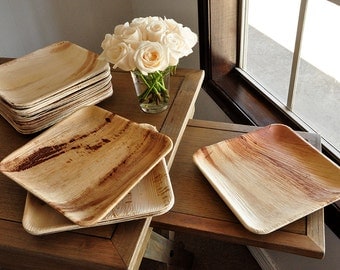 Dinner Plates. Ready in 2-3 Business Days. Disposable 10" Palm Leaf Plates. Set of 10. Modern Square Party Plates.