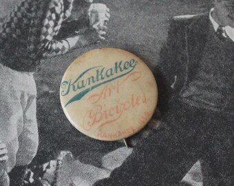 1896 Kankakee Art Bicycles Ill. Advertising Celluloid Pinback Button Antique Whitehead and Hoag Celluloid Pinback Kankakee Art Bicycles Pin