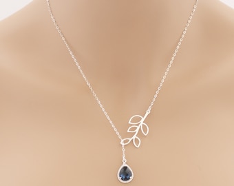 Blue Sapphire Lariat Leaf Necklace Sapphire Lariat Necklace Sapphire Jewelry Sapphire Pendant Wedding Jewelry For Her Lariat Jewelry BeadXS