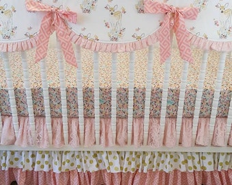 Girl Crib Bedding- Fawn Baby Bedding- Deer Bedding MADE TO ORDER- Girl Deer Bedding- Fawn Bedding- Pink Coral and Gold