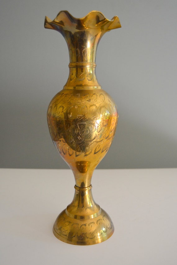 Large Vintage Brass Vase Gold Shiny Etched Floral Flower