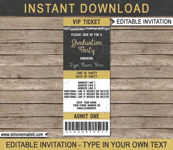 graduation ticket invitation template gold glitter