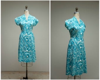Vintage 1950s Dress • Graceful Day • Turquoise Printed Cotton 50s Day Dress Size Large