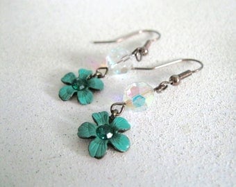 Teal Blue Earrings Swarovski crystal jewelry Copper spring summer dress fashion accessory blue flower tween gifts for her under 20 dollars