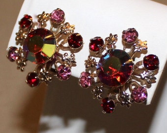 Stunning Vintage Pink Rhinestone and Red Aurora Borealis Earrings, AB