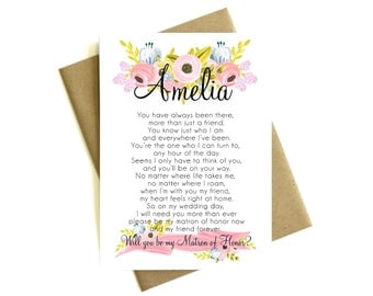 Personalized Matron of Honor Card Poem 'Will You Be My Matron of Honor' - Greeting Card, Floral Card, Bridal Party, Poem