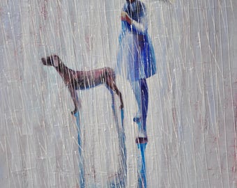 Little girl and her best friend. Original Oil painting Print on rolled canvas. 16x20
