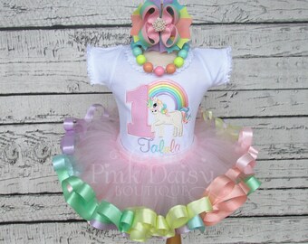 Unicorn Birthday Outfit - Pastel Rainbow Unicorn Tutu - Unicorn First Birthday Dress - Ribbon Tutu - Applique Shirt - Unicorn Theme
