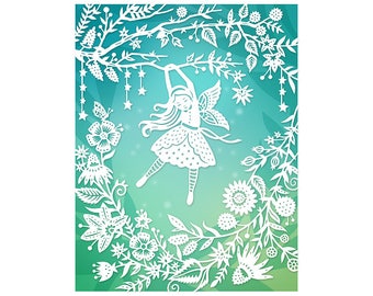 8x10 Print - Flower Fairy - Original Papercut Illustration - Fine Art Print