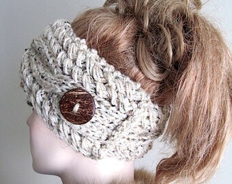 Knitted Cabled Headbands with Button Earwarmers Fall Winter Accessories Headcovers Oatmeal Grey Womens Girls Headwraps