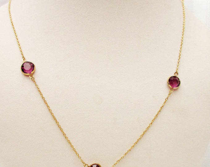 Purple Crystal Bezel necklace - Signed Trifari - Gold chain necklace with open back Glass stones