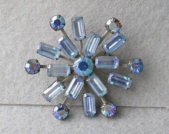 Sparkling 1950's Vintage Blue Aurora Borealis Rhinestone SNOWFLAKE Pin