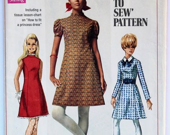 Shift Dress Sewing Pattern 1960s Women's High-Neck A-Line Shift Dress Vintage Size 13/14 Teen Simplicity 7776