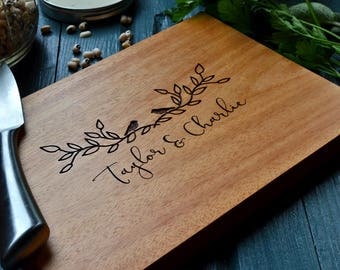 Personalized cutting / cheese board, engraved Mahogany wood, "two little birds" for wedding or anniversary gift