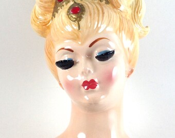 Lefton Authentic Lady Head Vase Beauty 6.5" has a Gold Tiara w Ruby Rhinestones/ Lady Head Vase/Excellent Condition - Rare/REDUCED