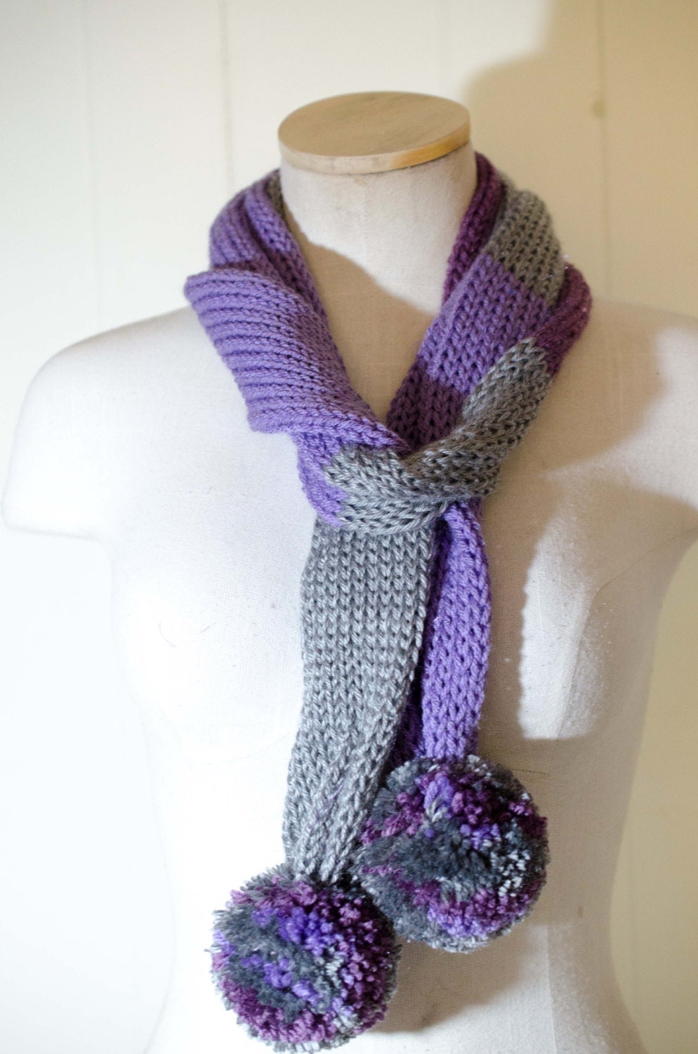 Knit Winter Tube Scarf with Pom Poms Purple and Gray by Kakodah