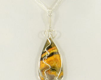 Bumble Bee Jasper Wire Wrapped Pendant, Wire Wrapped Jewelry, Wire Wrap Stone Pendant, Sterling Silver Wire Wrap Necklace Jasper Pendant