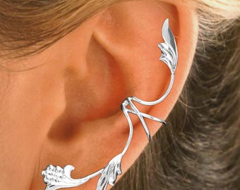 Full Ear, Leaf Flower Non-Pierced Ear Cuff in Sterling Silver or Gold on Sterling #5-FL-