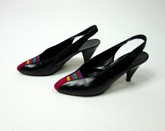 1980s black sling back heels, leather and suede, color block, striped, multi color, Burlington pumps, size 6