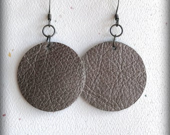 Leather Circle Earrings; Metallic Gun Metal Leather Earrings; Lightweight; Statement Earrings