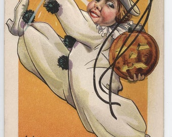 Halloween, vintage Halloween post card, Stecher Litho Co., Pierrot, Clown