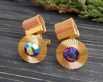 Peacock blue gemstone cuff links gold tone cufflinks wedding cufflinks groom cufflinks anniversary gifts for men gift iridescent jewelry