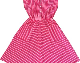 Vintage 80s Retro Pink Striped Dress / Large Extra Large / Large Pockets