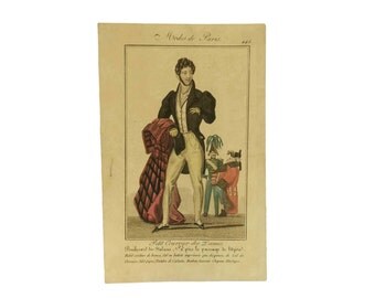 1827 Antique French Mens Fashion Illustration. Hand-Colored Fashion Plate Engraving. Petit Courrier des Dames Modes de Paris 445.