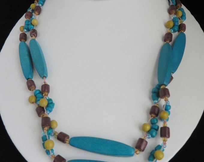 Teal Blue Wood Necklace, Vintage Beaded Necklace, Boho Hippie Jewelry, FREE SHIPPING