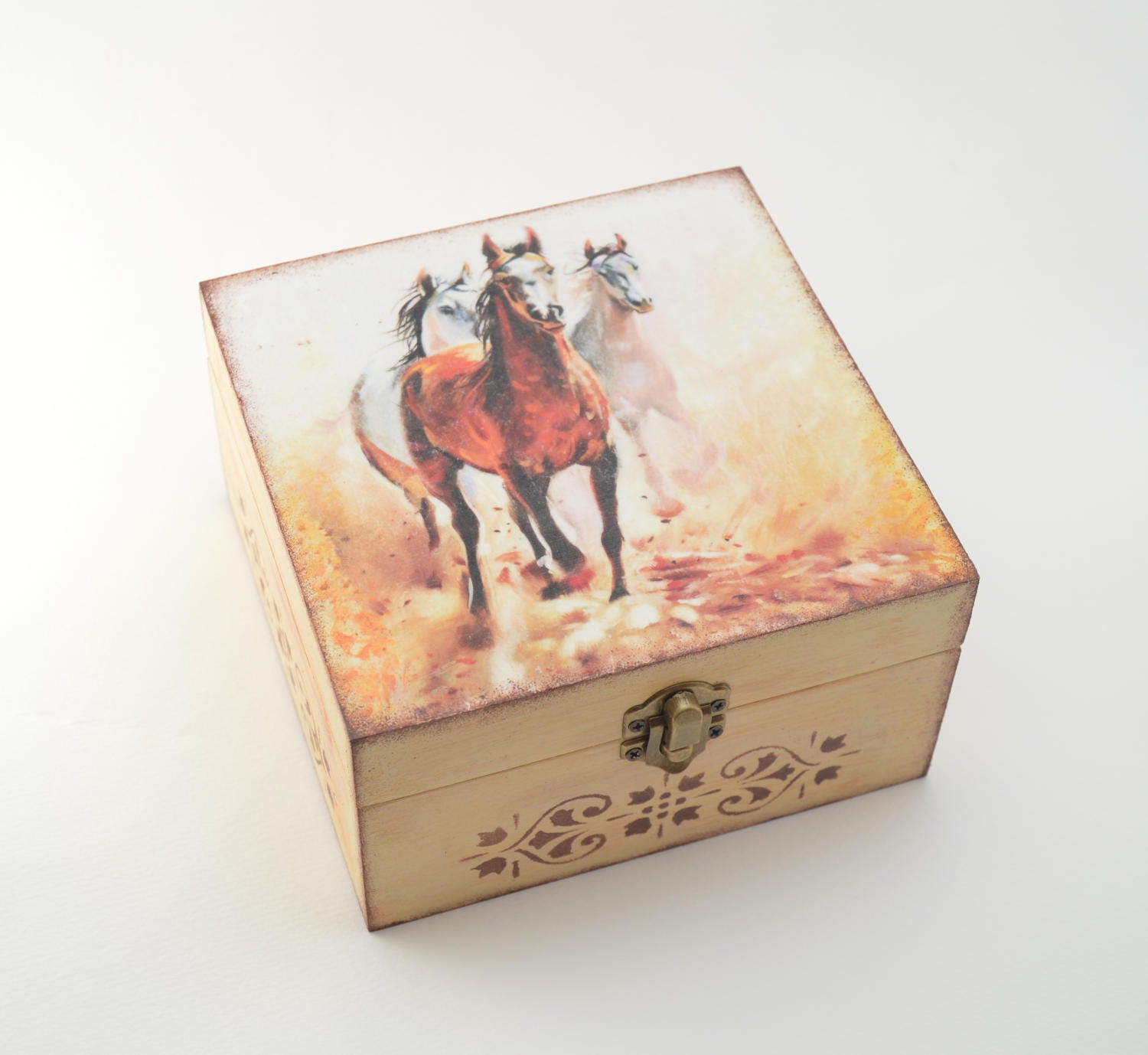 Galloping horses jewelry box wooden jewelry box decoupage