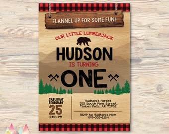Lumberjack First Birthday Invitation. Lumberjack First Birthday. Lumberjack Birthday Invitation. Mountain Birthday. Buffalo Plaid.