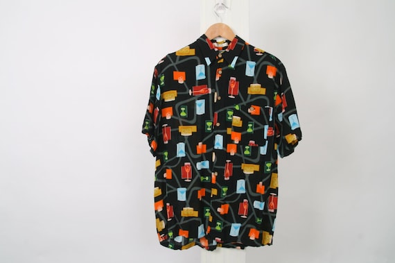 MARTINI Print DRINK Shirt Black Mens M Medium Button Down