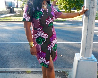 Made to Order, African Print Dress, Wrap Dress, Short Dress, Cotton Dress, Womens Dress - Lady Chang 'Vlisco' Wrap Dress: Hexagonal
