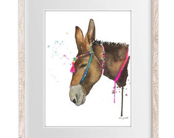 Boho Donkey - Watercolor Painting Print -- Home/office decor and wall art, Animal print of Donkey