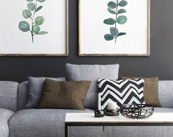 Eucalyptus Branch Watercolor Painting, set of 2 Eucalyptuses Green Living Room Wall Decoration, Scandi Decor Botanical Poster, Kitchen Print