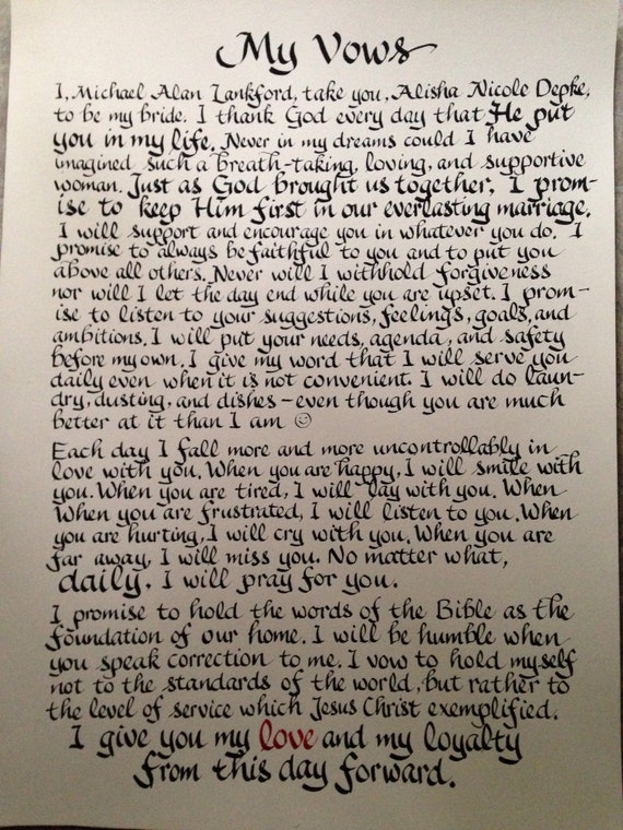 Wedding vows, Groom to Bride Gift, Anniversary Gift, Bride to Groom Gift, 18 x 24 inches, handwritten on acid free heavy paper